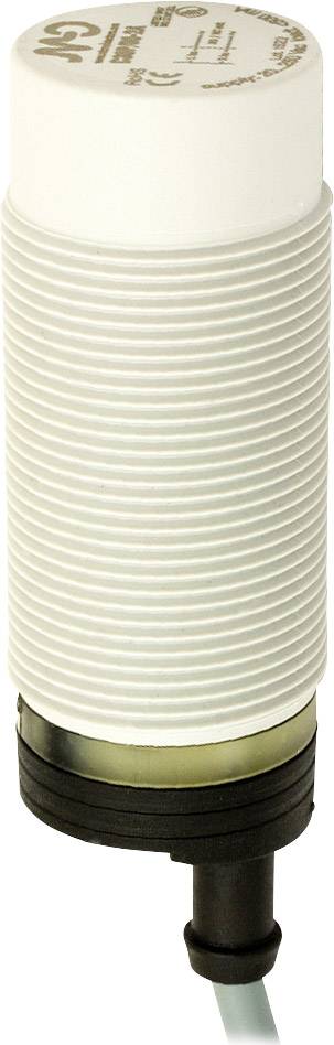 Ein zylindrischer Näherungssensor mit Kunststoffgewinde und einem Kabelanschluss an der Unterseite, verwendet zur Objekt- und Positionserkennung.
