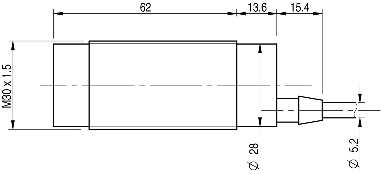 Technische Zeichnung eines zylindrischen Objekts mit Maßen: Länge 62 mm, Durchmesser 28 mm, Gewinde M30 x 1,5, Kabeldurchmesser 5,2 mm.