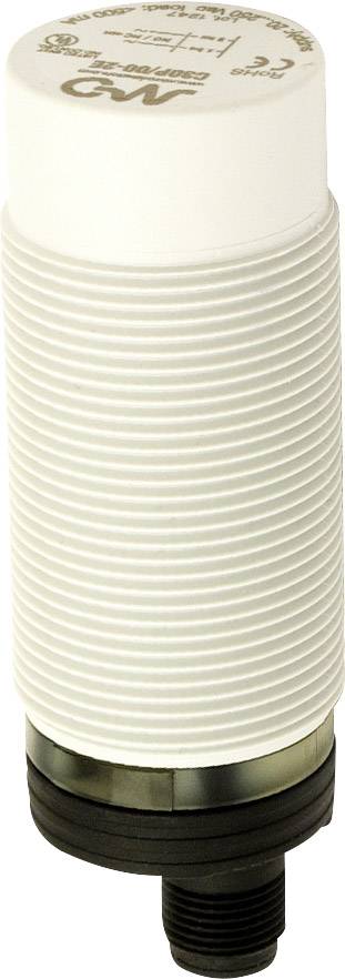 Sensor in zylindrischer Form aus weißem Kunststoff mit gerillter Oberfläche und schwarzem Sockel.