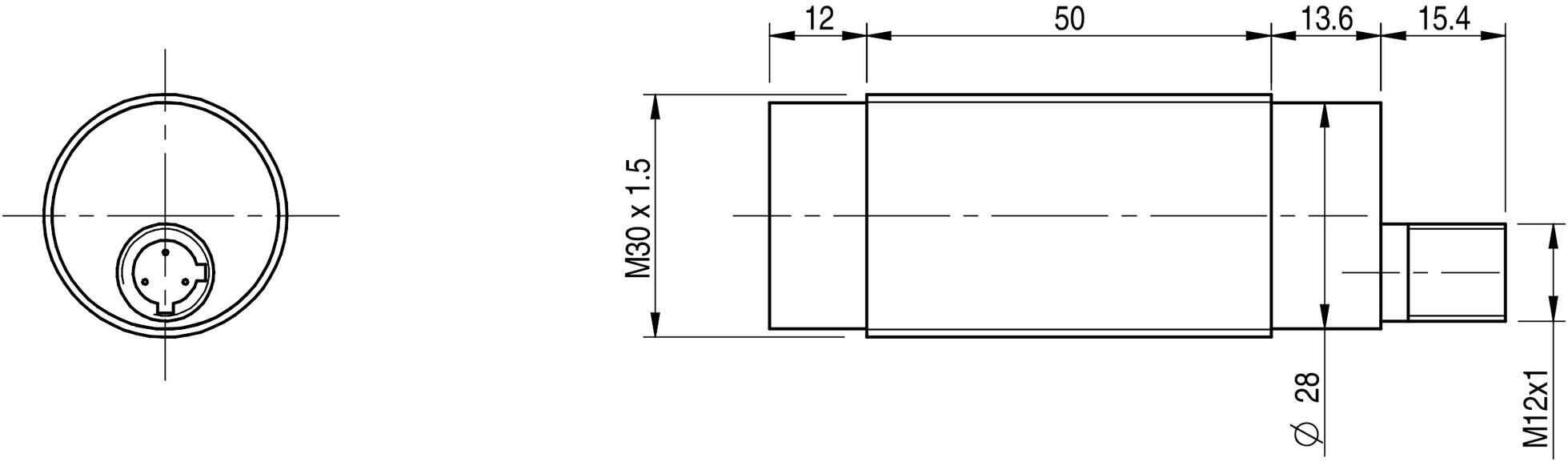 Technische Zeichnung einer zylindrischen Komponente mit M30 x 1,5 Gewinde. Seitliche und Stirnansicht mit Bemaßungen in Millimetern.