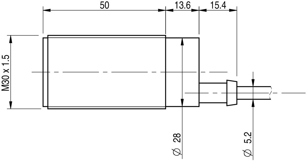 Technische Zeichnung eines zylindrischen Bauteils mit Abmessungen: Länge 50, Durchmesser 28, Anschlussdurchmesser 5,2, Gewinde M30 x 1,5.