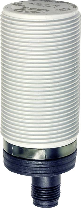 Induktiver Näherungssensor in zylindrischer Form mit geripptem, weißem Gehäuse und schwarzem Anschluss. Zur Erkennung von Metallen.