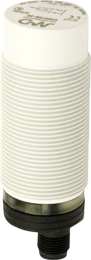 Zylindrischer Näherungsschalter mit weiß geripptem Gehäuse und schwarzer Basis, dient zum kontaktlosen Erkennen von Objekten.