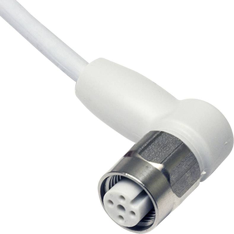 Ein weißes Kabel mit einem runden Metallstecker, der fünf Löcher aufweist.