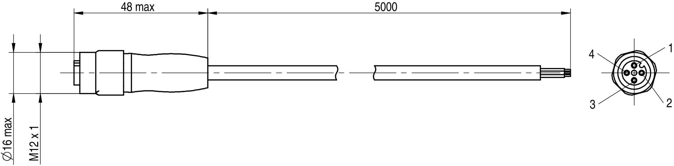 Technische Zeichnung eines Steckers mit M12-Gewinde. Länge 5000 mm, Durchmesser 16 mm max. Zeigt 4-polige Ansicht.
