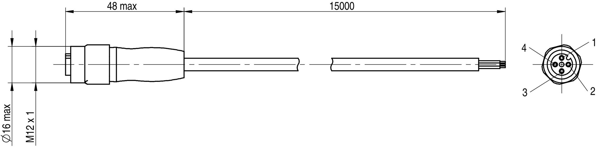 Technische Zeichnung eines Steckverbinders mit M12-Gewinde, Ø16 mm, Länge 15.000 mm. Seitliche und frontale Ansicht der Kontaktanordnung.