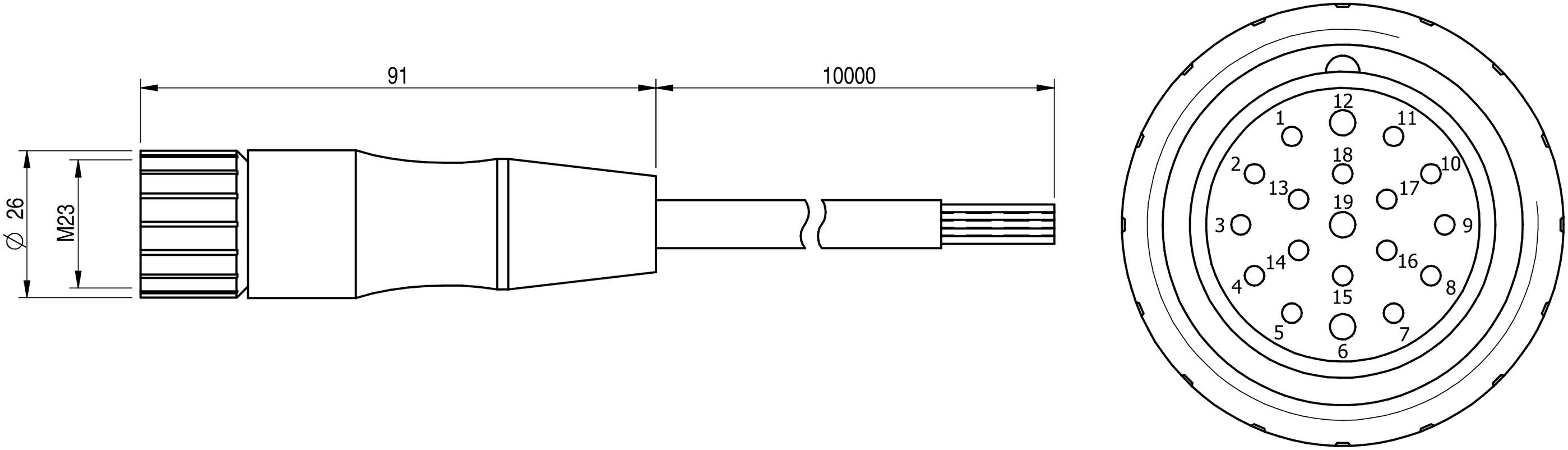 Technische Zeichnung eines Steckers mit Abmessungen: Länge 91 mm, Gesamtlänge 10.000 mm, Durchmesser 42 mm, mit 14 Steckplätzen.