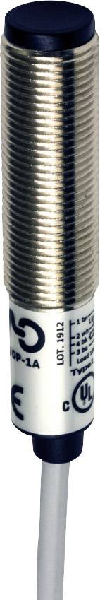 Zylindrischer Sensor mit Metallgehäuse, schwarzer Spitze und kurzem Kabel an der Unterseite. Verwendet zur Objekterkennung.