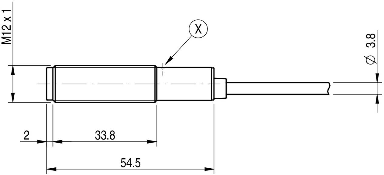 Technische Zeichnung eines zylindrischen Steckers mit Abmessungen: Länge 54,5 mm, Durchmesser 3,8 mm, Gewinde M12x1.