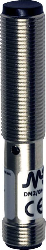 Ein zylindrischer Sensor mit geriffeltem Metallgehäuse, CE-Kennzeichnung und Teilenummer abgebildet. Verwendet zur Abstandsmessung.