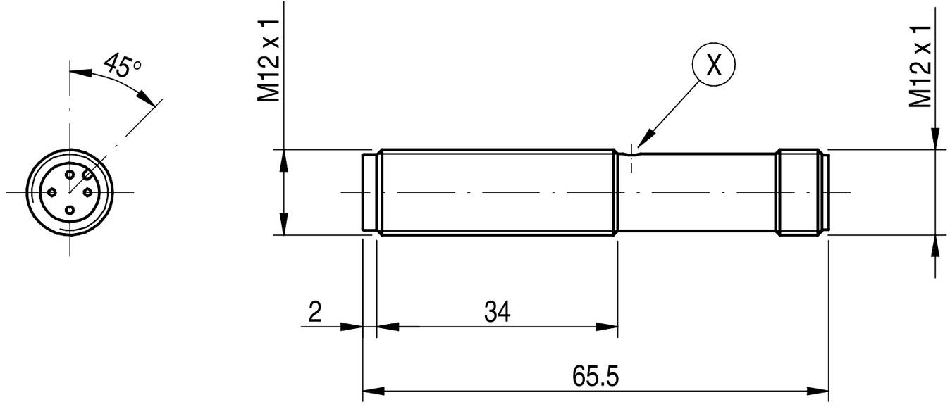Technische Zeichnung eines zylindrischen Steckverbinders mit Maßen in Millimetern: Länge 65,5, M12 x 1 Gewinde an beiden Enden.