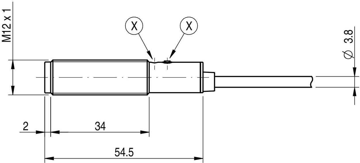 Technische Zeichnung eines zylindrischen Bauteils mit Maßen: Gesamtlänge 54,5 mm, Durchmesser 3,8 mm, Gewinde M12 x 1.