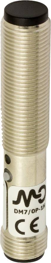 Ein zylindrischer Sensor mit Gewinde, silberfarben, markiert mit 'DM7/OP-1N' und CE-Zeichen. Verwendet in Automatisierungsanwendungen.