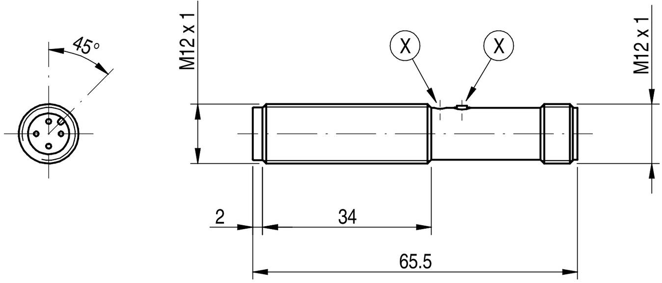 Technische Zeichnung eines zylindrischen Steckverbinders mit Abmessungen: Gesamtlänge 65,5 mm, Gewinde M12 x 1 auf beiden Seiten.
