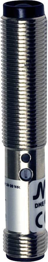 Zylindrischer, metallischer Näherungssensor mit geriffeltem Gehäuse.