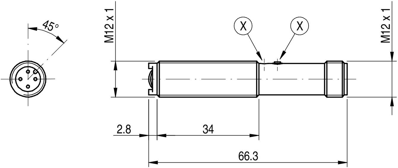 Technische Zeichnung eines zylindrischen Bauteils mit M12x1-Gewinde an beiden Enden. Maße: Länge 66,3 mm, Durchmesser 45°-Ansicht.