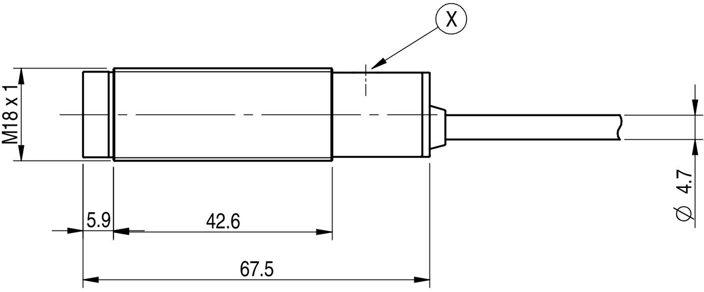 Technische Zeichnung eines zylindrischen Sensors mit Gewinde M18x1. Maße: 67,5 mm Länge, 5,9 mm und 42,6 mm Segmentlänge, Ø4,7 mm Kabel.