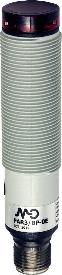Zylindrischer Sensor mit Metallgewinde und gerippter Oberfläche, dargestellt in vertikaler Ausrichtung, Modellnummer 'FAR3/BP-0E'.