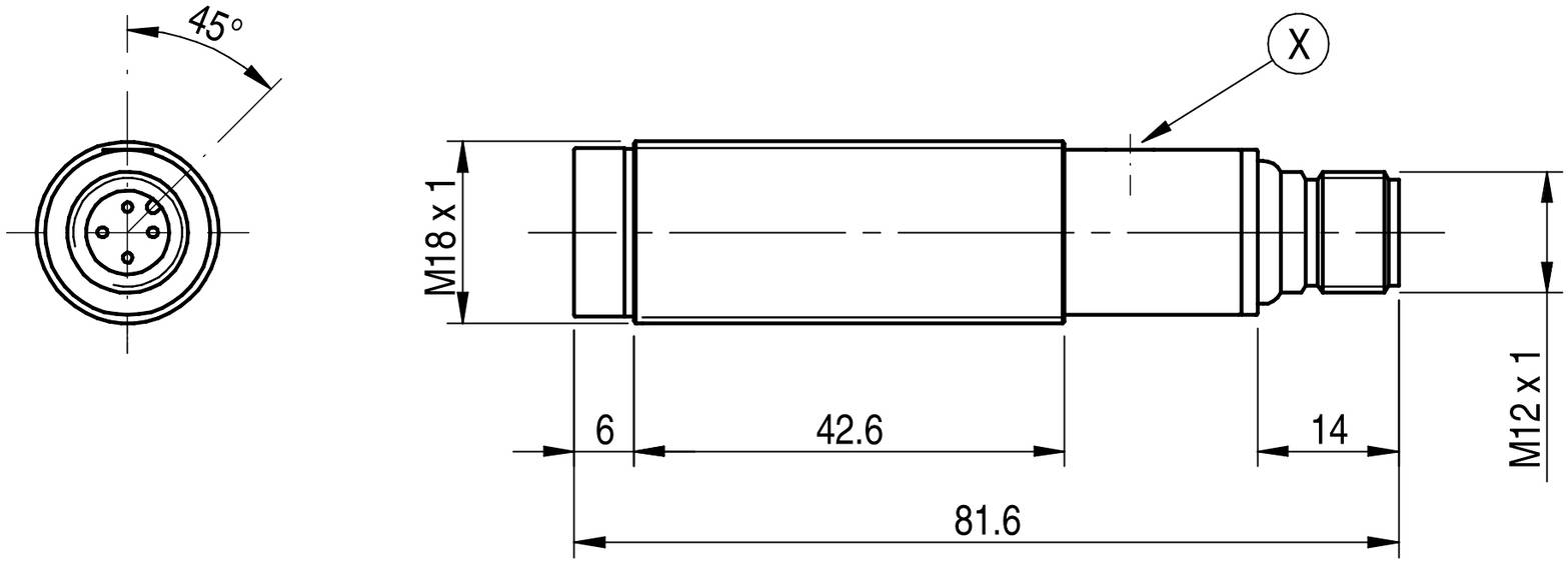 Technische Zeichnung eines zylindrischen Sensors. Abmessungen: Länge 81,6 mm, zwei Anschlüsse, Gewinde M18x1 und M12x1.