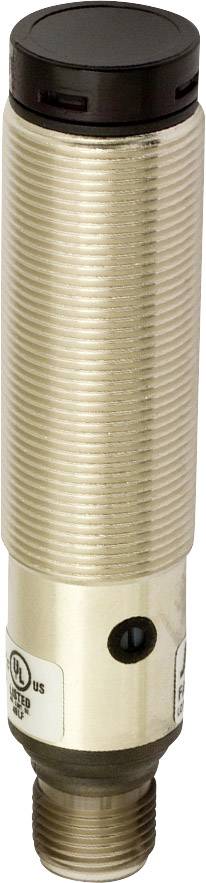 Ein zylindrischer Sensor mit metallischem Gehäuse und schwarzem Kunststoffdeckel, geeignet für industrielle Anwendungen.