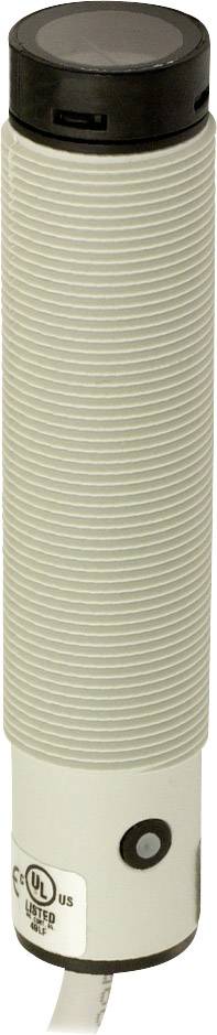 Ein zylindrischer Weißlichtsensor mit grauem Gehäuse und schwarzer Kappe. An der Unterseite befinden sich Anschlusskabel.