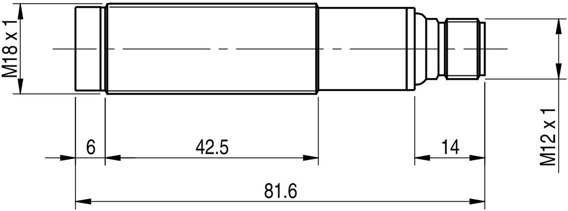 Technische Zeichnung eines zylindrischen Objekts mit Maßen: Länge 81,6 mm, M18x1-Gewinde links, M12x1-Gewinde rechts.