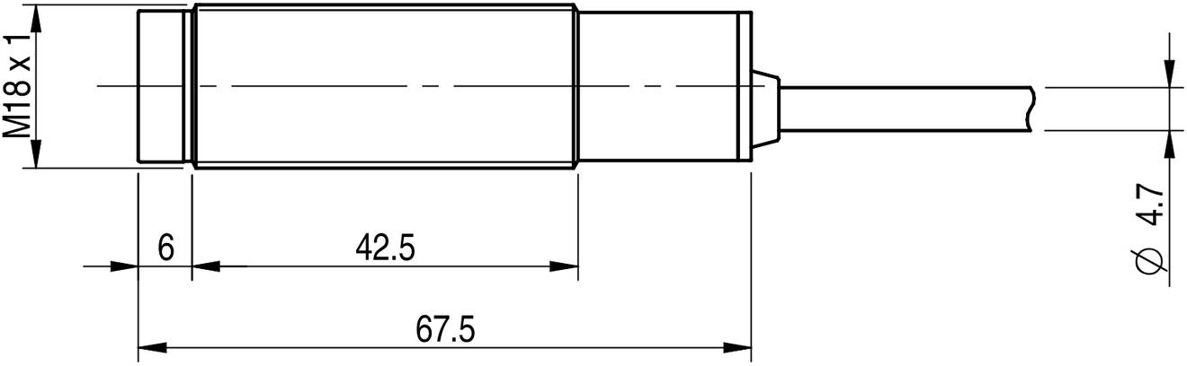 Skizze eines zylindrischen Sensors mit den Maßen 67,5 mm Länge und 18 mm Durchmesser; Anschlusskabel ist 4,7 mm dick.