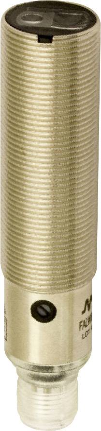 Ein zylindrischer Metallobjektsensor mit geriffelter Oberfläche und schwarzer Kappe, verwendet zur Objekterkennung in industriellen Anwendungen.