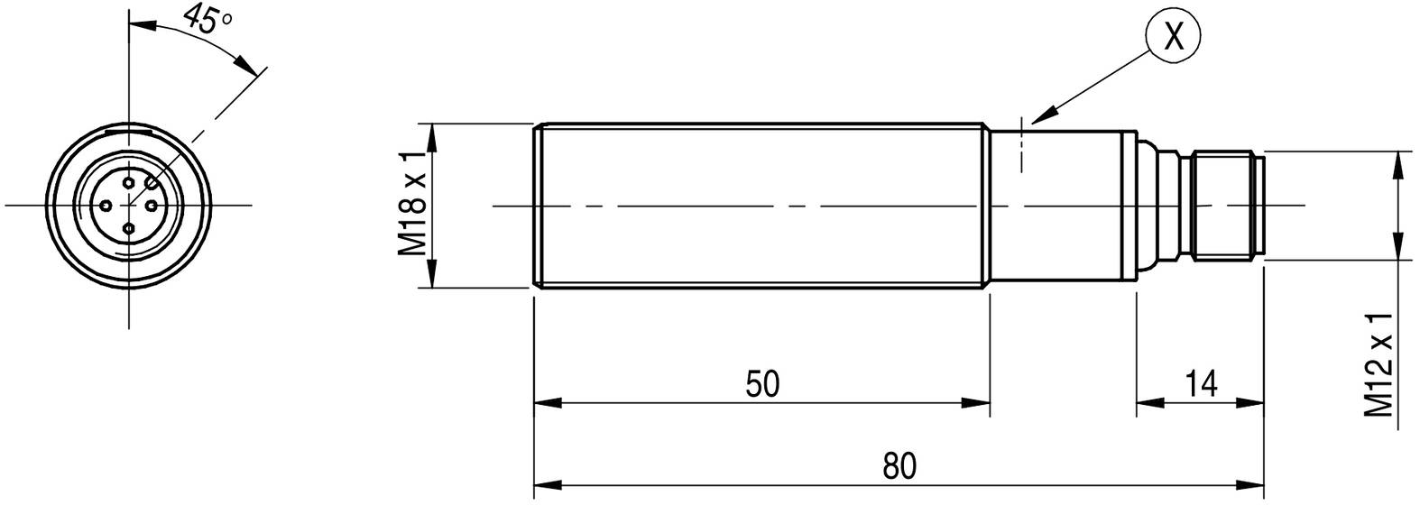 Technische Zeichnung eines zylindrischen Sensors. Links: Frontansicht mit Stecker. Rechts: Seitenansicht mit Abmessungen, M18 x 1.