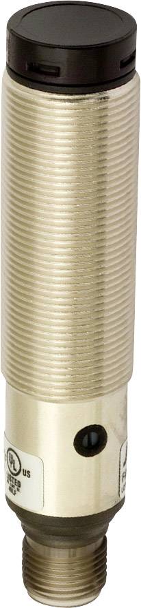 Zylindrischer Näherungssensor aus Metall mit schwarzem Kopf. Schraubverbindung an der Basis. Geeignet für Industrieanwendungen.