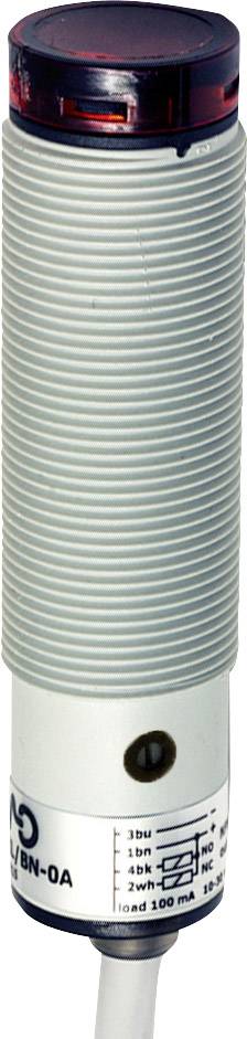 Ein zylindrischer Sensor in Weiß und Grau, mit rotem Oberteil, wird zur Erkennung von Objekten in Maschinen oder Anlagen verwendet.