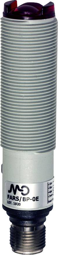 Ein grauer zylindrischer Sensor mit Gewinde und Metallanschluss. Etikett mit der Bezeichnung 'FARS/BP-OE' und Chargennummer.