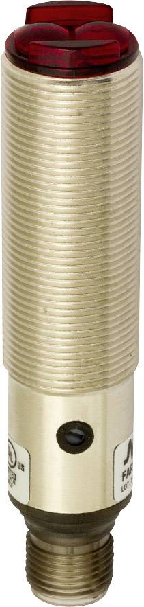 Ein zylindrischer Sensor mit Metallgehäuse und rotem Licht an der Spitze, möglicherweise zur optischen Erkennung oder Messung.