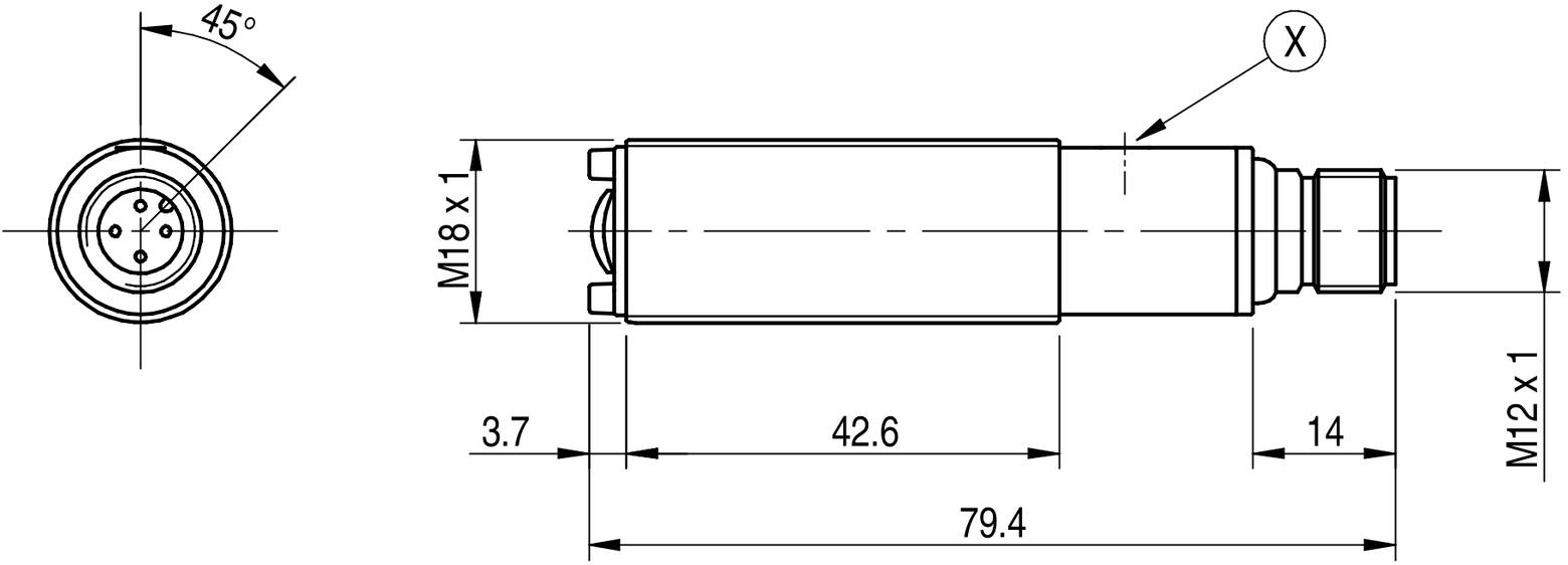 Technische Zeichnung eines zylindrischen Bauteils mit M18 x 1 und M12 x 1 Gewinden, Längenangaben und Draufsicht.