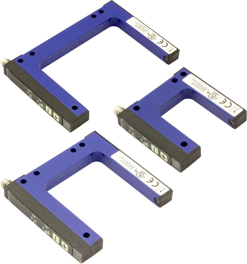 Drei U-förmige Sensoren in verschiedenen Größen. Sie sind blau mit schwarzen Enden und verfügen über Stecker zur elektronischen Verbindung.