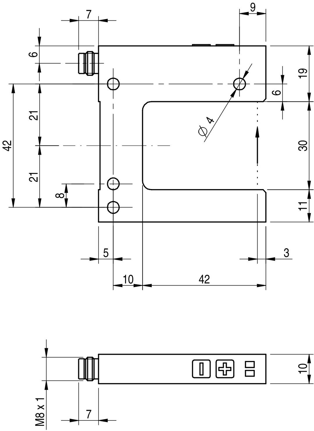 Technische Zeichnung eines Bauteils mit Maßen in Millimetern. Hauptansicht zeigt Form und Befestigungspunkte, Seitenansicht unten.