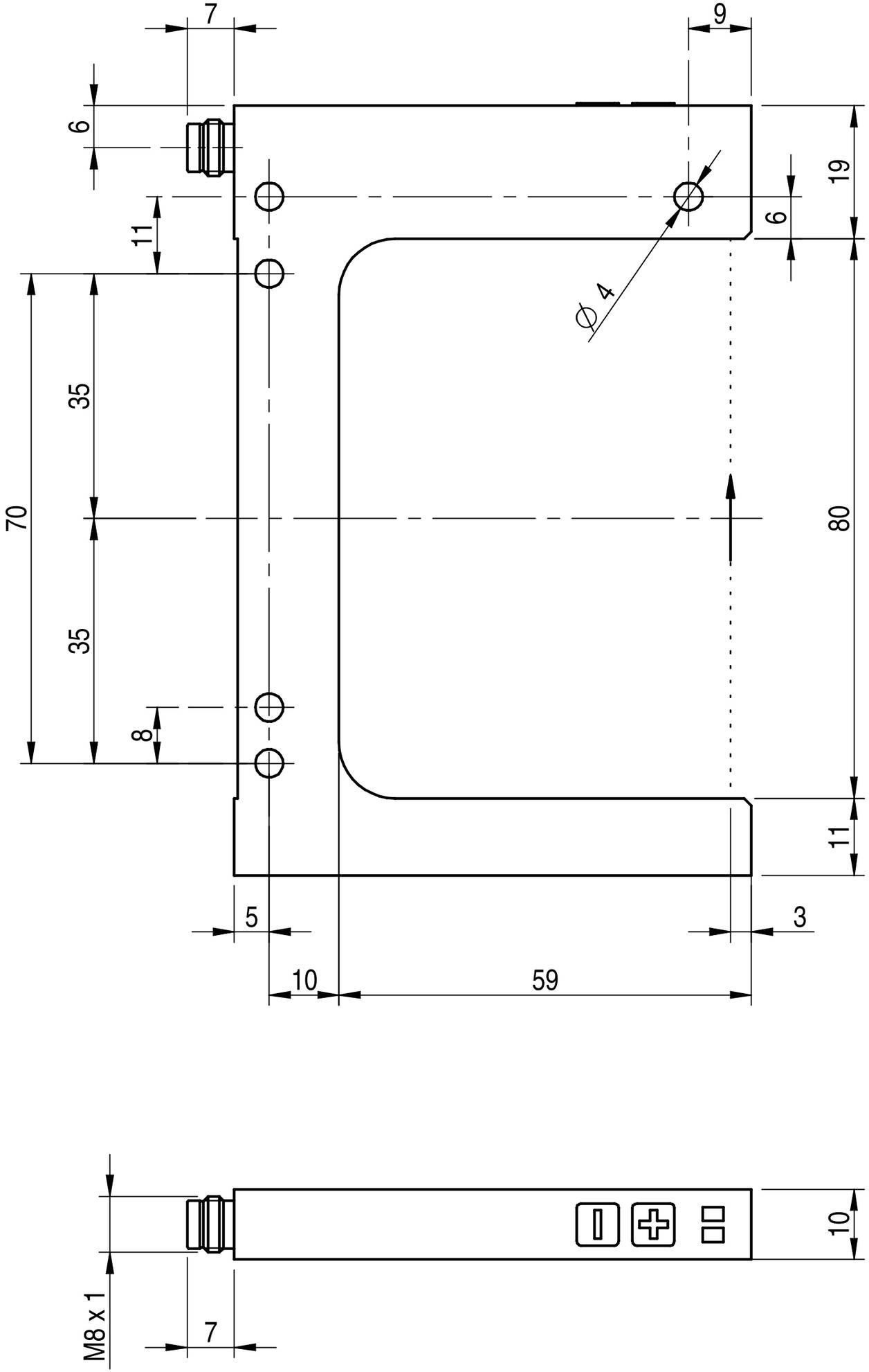 Technische Zeichnung eines Metallwinkels mit Maßen in Millimetern. Draufsicht und Seitenansicht, Löcher und Schraubenpositionen sind markiert.