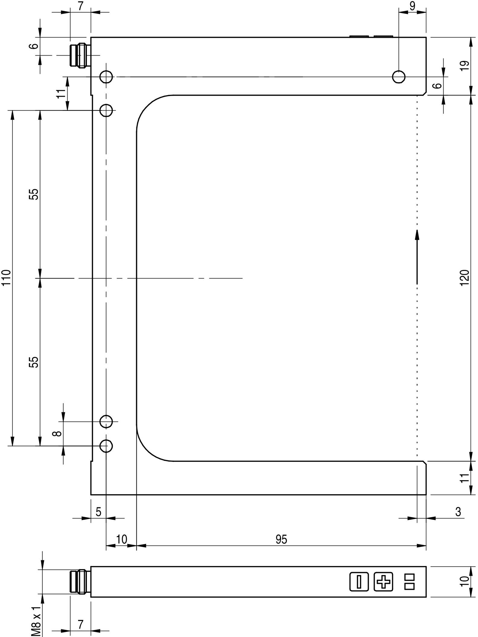 Technische Zeichnung eines rechteckigen Handtuchhalters mit genauen Abmessungen. Enthält Maßlinien und Befestigungspunkte.
