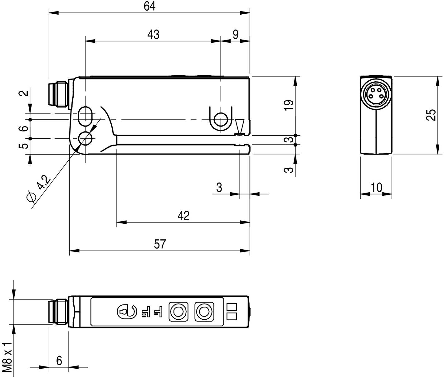 Technische Zeichnung eines rechteckigen Sensors mit Bemaßungen. Enthält Maße in Millimetern und zeichnet Anschlüsse sowie Bohrungen detailliert.