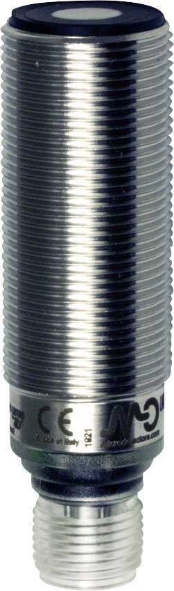 Zylindrischer, geriffelter Sensor mit metallischem Gehäuse. M12-Anschluss an der Unterseite. Hersteller- und Zertifizierungslogos sichtbar.