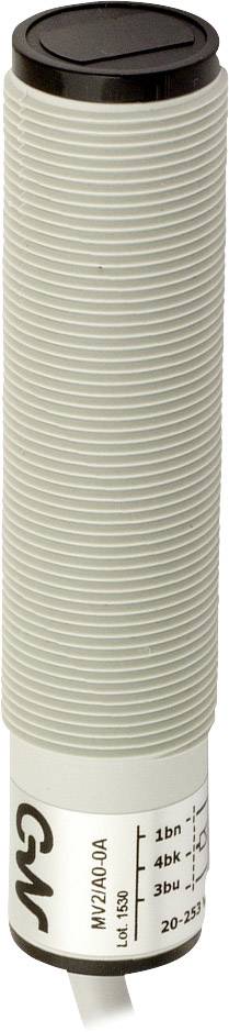 Ein zylindrischer Sensor der Marke 'GAV' in hellem Grau, mit gerippter Oberfläche und Beschriftung für technische Spezifikationen auf der Unterseite.