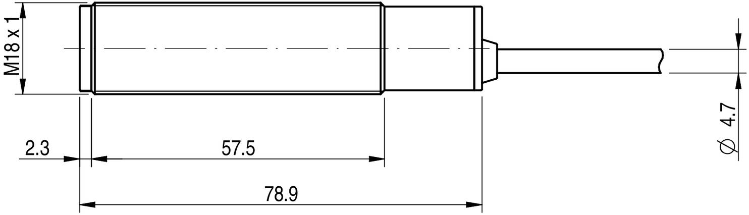 Technische Zeichnung eines zylindrischen Sensors mit den Maßen: Gesamtlänge 78,9 mm, Durchmesser 18 mm, Gewinde M18 x 1.
