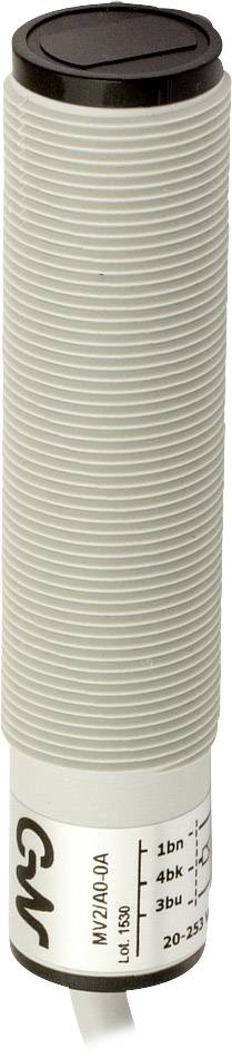 Ein zylindrischer, gerippter Sensor mit weißem Gehäuse und schwarzer Oberseite. Aufschrift mit Modellnummer und Skalierung sichtbar.