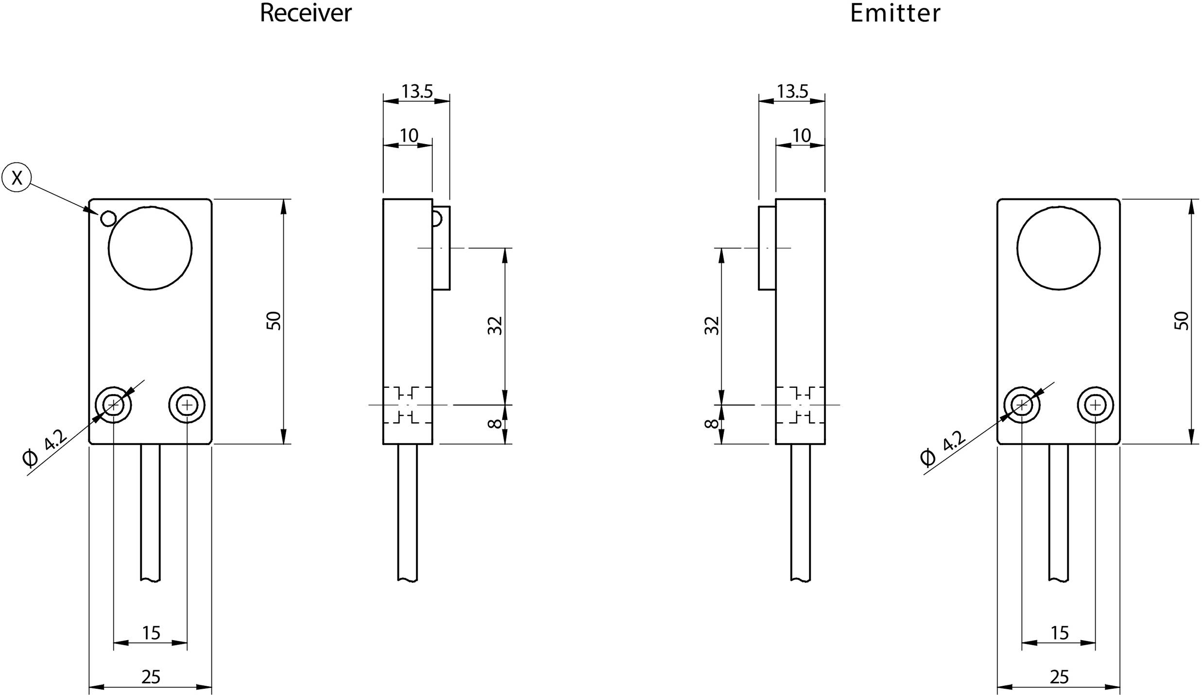 Diagramm mit technischen Zeichnungen eines Empfängers und eines Senders. Maße in Millimetern angegeben; Hauptabmessungen 13,5 x 32.