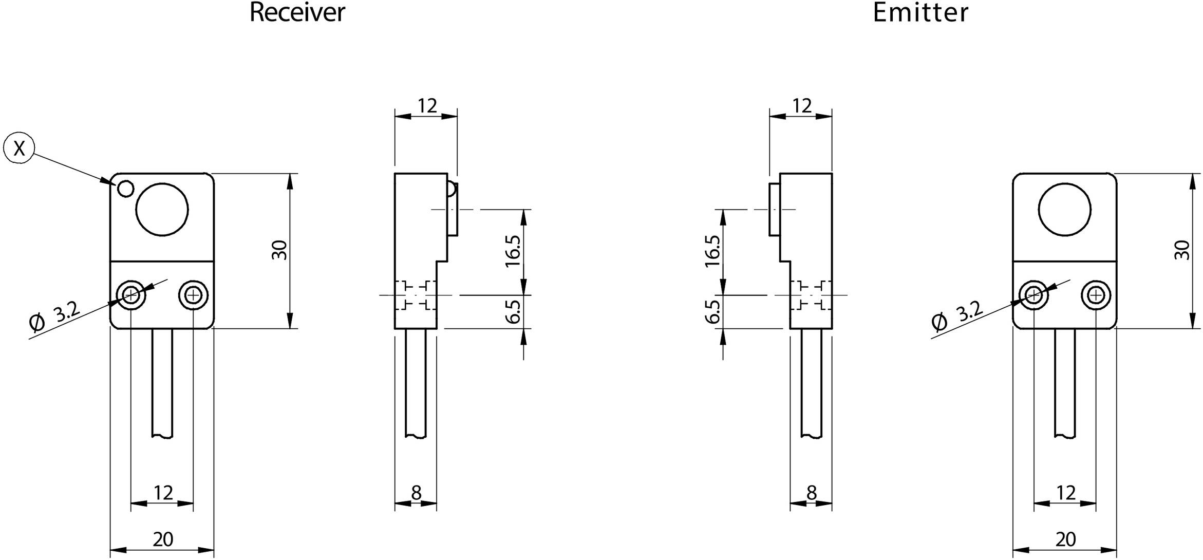 Technische Zeichnung von Empfänger und Sender mit Maßen: Höhe 30 mm, Breite 20 mm, Dicke 12 mm. Lochdurchmesser 3,2 mm.