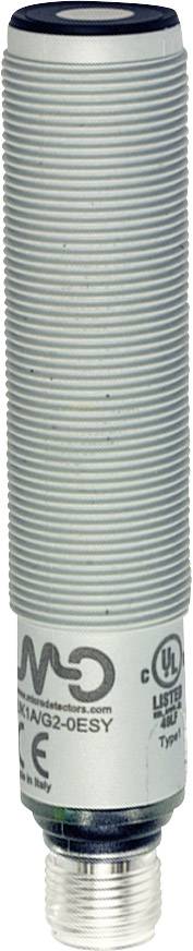 Zylindrischer Sensor mit geriffeltem Gehäuse und Anschlussstecker. Enthält Herstellerinformationen und Zertifizierungsmarkierungen.