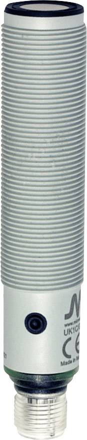 Zylinderförmiger Sensor mit geriffelter Oberfläche und Anschluss an der Unterseite. Markierungen: CE, UKCA und Herstellerlogo.