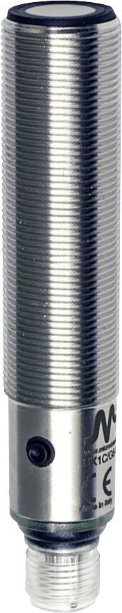 Zylindrischer Ultraschallsensor mit Metallgehäuse, gerändelte Oberfläche, CE-Zeichen unten sichtbar.