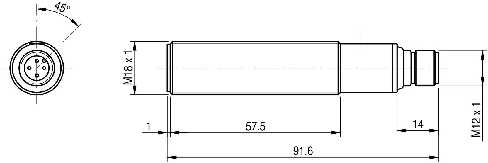 Technische Zeichnung eines zylindrischen Sensors mit Maßen: Gesamtlänge 91,6 mm, Durchmesser M18 x 1, Gewinde M12 x 1. Seitenansicht und Endansicht dargestellt.