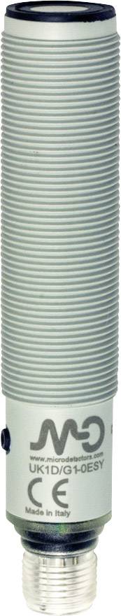 Zylindrischer Sensor mit geriffeltem Gehäuse, Logo und Seriennummer oben. Silverner Metallanschluss unten. Hergestellt in Italien.